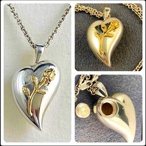 Sterling silver&14k gold Rose, Heart Poison Pendant or Perfume Vial